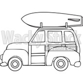 Clipart of a Black and White Woodie Station Wagon with a Surfboard on Top - Royalty Free Vector Illustration © djart #1281221