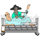 Clipart of a Black Female Nurse Helping a White Male Patient Stretch for Physical Therapy Recovery in a Hospital Bed - Royalty Free Illustration © djart #1283183