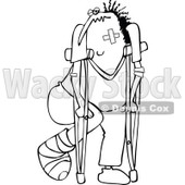 Clipart of a Black and White Banged up Man with Bandages, Crutches, a Black Eye and Cast - Royalty Free Vector Illustration © djart #1283190