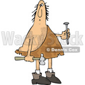 Clipart of a Hairy Caveman Holding a Nail and Hammer - Royalty Free Vector Illustration © djart #1288863