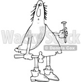 Clipart of a Black and White Hairy Caveman Holding a Nail and Hammer - Royalty Free Vector Illustration © djart #1288864