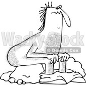 Lineart Clipart of a Black and White Hairy Caveman Pooping and Sitting on a Rock - Royalty Free Outline Vector Illustration © djart #1293823
