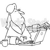 Lineart Clipart of a Black and White Woman in Her Robe, Sitting with Coffee and Using a Laptop Computer - Royalty Free Outline Vector Illustration © djart #1293829