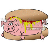 Relaxed Pig Covered in Mustard and Ketchup, Lying in a Hamburger Bun Clipart Illustration © djart #12941