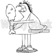 Lineart Clipart of a Black and White Hungry Chubby Caveman Eating a Giant Drumstick - Royalty Free Outline Vector Illustration © djart #1294128
