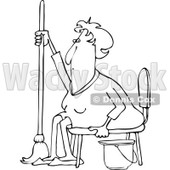 Clipart of a Black and White Tired or Lazy Sitting Senior Woman with a Mop and Bucket - Royalty Free Vector Illustration © djart #1296003