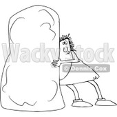 Lineart Clipart of a Black and White Chubby Caveman Pushing a Monolith - Royalty Free Outline Vector Illustration © djart #1299483