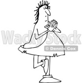 Lineart Clipart of a Black and White Chubby Caveman Balanced on One Foot and Doing Yoga - Royalty Free Outline Vector Illustration © djart #1299489