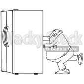 Lineart Clipart of a Black and White Chubby Man Using the Wall Behind Him to Push a Refrigerator out - Royalty Free Outline Vector Illustration © djart #1299491