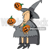 Clipart of a Cartoon Witch Juggling Halloween Jackolantern Pumpkins - Royalty Free Vector Illustration © djart #1300266
