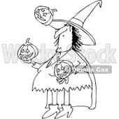 Clipart of a Cartoon Black and White Witch Juggling Halloween Jackolantern Pumpkins - Royalty Free Vector Illustration © djart #1300267