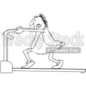 Outline Clipart of a Black and White Chubby Caveman Panting and Running on a Treadmill - Royalty Free Lineart Vector Illustration © djart #1300333