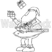 Outline Clipart of a Black and White Christmas Santa Claus Juggling Wrapped Gifts - Royalty Free Lineart Vector Illustration © djart #1300335
