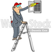 Clipart of a Cartoon Caucasian Electrician Man Standing on a Ladder and Checking a Breaker Panel Box - Royalty Free Illustration © djart #1300340