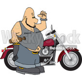 Clipart of a Chubby Tattooed Bald White Male Biker Holding a Beer Bottle by His Motorcycle - Royalty Free Vector Illustration © djart #1303365