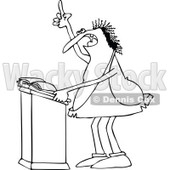 Lineart Clipart of a Cartoon Black and White Chubby Caveman Giving a Sermon at a Podium - Royalty Free Outline Vector Illustration © djart #1305099