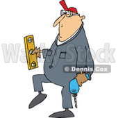 Clipart of a Cartoon Chubby White Worker Man Carrying a Power Drill and Level - Royalty Free Vector Illustration © djart #1305578