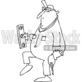 Lineart Clipart of a Cartoon Black and White Chubby Worker Man Carrying a Power Drill and Level - Royalty Free Outline Vector Illustration © djart #1305579