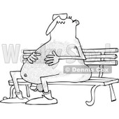 Lineart Clipart of a Cartoon Black and White Chubby Hairy Nude Man Wearing Sunglasses and Sitting on a Park Bench - Royalty Free Outline Vector Illustration © djart #1305929