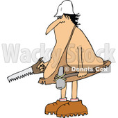 Clipart of a Cartoon Chubby Caveman Worker Holding a Hammer and Saw - Royalty Free Vector Illustration © djart #1305934