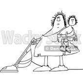 Lineart Clipart of a Cartoon Black and White Chubby Cavewoman Holding Her Son and Vacuuming - Royalty Free Outline Vector Illustration © djart #1305939