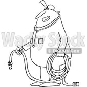 Lineart Clipart of a Cartoon Black and White Chubby Worker Man Holding an Air Hose - Royalty Free Outline Vector Illustration © djart #1305941