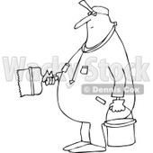 Lineart Clipart of a Cartoon Black and White Chubby Worker Man Painting - Royalty Free Outline Vector Illustration © djart #1305948