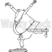 Lineart Clipart of a Cartoon Black and White Chubby Man in a Robe and Pjs, Balancing on a Scale - Royalty Free Outline Vector Illustration © djart #1307137