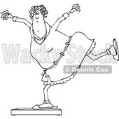 Lineart Clipart of a Cartoon Black and White Chubby Woman in a Robe and Pjs, Balancing on a Scale - Royalty Free Outline Vector Illustration © djart #1307139