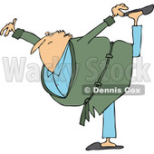 Clipart of a Cartoon Chubby Senior White Man in a Green Robe, Balancing on One Foot - Royalty Free Vector Illustration © djart #1311955