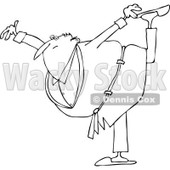 Lineart Clipart of a Cartoon Black and White Chubby Senior Woman in a Robe, Balancing on One Foot - Royalty Free Outline Vector Illustration © djart #1311956
