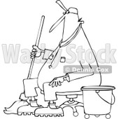 Lineart Clipart of a Cartoon Black and White Male Custodian Janitor Taking a Break and Sitting in a Chair with a Mop and Bucket - Royalty Free Outline Vector Illustration © djart #1312466