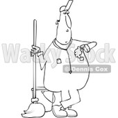 Lineart Clipart of a Cartoon Black and White Male Custodian Janitor Checking His Watch and Standing with a Mop and Bucket - Royalty Free Outline Vector Illustration © djart #1312467