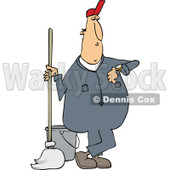 Clipart of a Cartoon White Male Custodian Janitor Checking His Watch and Standing with a Mop and Bucket - Royalty Free Vector Illustration © djart #1312470