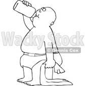Outline Clipart of a Cartoon Black and White Baby Boy Standing with a Blanket and Drinking from a Bottle - Royalty Free Lineart Vector Illustration © djart #1313795