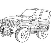 Outline Clipart of a Cartoon Black and White Jeep Wrangler SUV on Rocks - Royalty Free Lineart Vector Illustration © djart #1315519