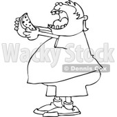 Lineart Clipart of a Cartoon Black and White Chubby Boy Ready to Devour a Watermelon - Royalty Free Outline Vector Illustration © djart #1316367