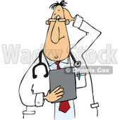 Clipart of a Cartoon Stumped Chubby White Male Veterinarian or Doctor Holding a Clipboard - Royalty Free Vector Illustration © djart #1334106