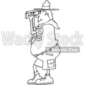 Lineart Clipart of a Cartoon Black and White Scout Man Facing Left and Looking Through Binoculars - Royalty Free Outline Vector Illustration © djart #1340958