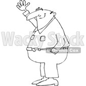 Outline Clipart of a Cartoon Black and White Chubby Man Smiling and Gesturing Upwards - Royalty Free Lineart Vector Illustration © djart #1344208