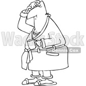 Outline Clipart of a Cartoon Black and White Chubby Man in His Robe, Scratching His Head and Holding a Coffee Mug - Royalty Free Lineart Vector Illustration © djart #1345517