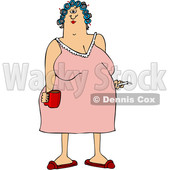 Clipart of a Cartoon Chubby White Woman in a Night Gown, Her Hair in Curlers, Smoking a Cigarette and Holding a Coffee Mug - Royalty Free Vector Illustration © djart #1345518