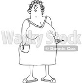 Outline Clipart of a Cartoon Black and White Chubby Woman in a Night Gown, Her Hair in Curlers, Smoking a Cigarette and Holding a Coffee Mug - Royalty Free Lineart Vector Illustration © djart #1345519