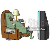 Lazy Dino Drinking a Beer and Holding a Remote Control While Sitting in a Lazy Chair and Watching a Big Projection TV Clipart Illustration © djart #13463
