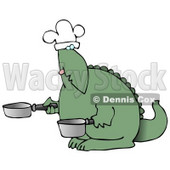 Green Dino in a Chefs Hat, Cooking With a Pan and Pot Clipart Illustration © djart #13472