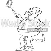 Outline Clipart of a Cartoon Black and White Chubby Halloween Dracula Vampire Taking a Selfie with a Cell Phone - Royalty Free Lineart Vector Illustration © djart #1347290