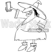 Outline Clipart of a Cartoon Black and White Chubby Halloween Witch Taking a Selfie with a Cell Phone - Royalty Free Lineart Vector Illustration © djart #1347293
