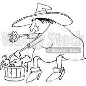 Outline Clipart of a Cartoon Black and White Chubby Warty Halloween Witch Puting an Eyeball in a Basket of Body Parts and Snakes - Royalty Free Lineart Vector Illustration © djart #1347298
