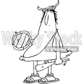 Outline Clipart of a Cartoon Black and White Chubby Caveman Warrior Holding a Club and Shield - Royalty Free Lineart Vector Illustration © djart #1349226