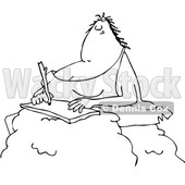 Outline Clipart of a Cartoon Black and White Chubby Cave Woman Writing on a Boulder - Royalty Free Lineart Vector Illustration © djart #1349228